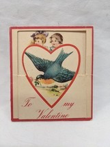 Antique Blue Bird Children With Roses Walking Valentines Day Card - $21.78