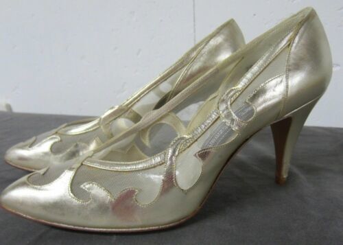 Primary image for Vtg 80s 90s Stuart Weitzman Spain Gold Leather Mesh Evening Cocktail Heels 7.5B