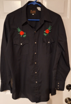 Vintage Plains Western Wear Shirt Red Rose Embroidery Mens Sz L Black Pearl Snap - £17.24 GBP