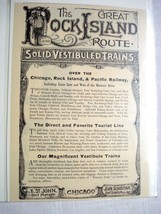 1889 Railroad Ad The Great Rock Island Route Solid Vestibuled Trains RI - £7.84 GBP