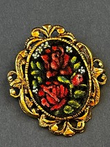 Vintage Large Black w Red Roses Tapestry in Ornate Goldtone Frame Brooch Pin Pen - £10.29 GBP