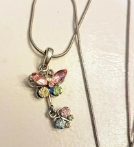 Pastel Rhinestone Butterfly Pendant adjustable Silver Tone Dangle Charm Necklace - £15.67 GBP