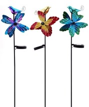 Flower Wind Spinner Stakes Solar 35" High Set of 3 Hummingbird Double Pronged