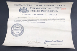 Vintage 1928 Pennsylvania Public School Certificate of Perfect Attendance - £11.21 GBP