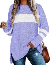 Woman&#39;s Striped Crewneck Loose Side Seam Long Sleeve Fuzzy Sweater - Siz... - £13.90 GBP