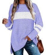 Woman&#39;s Striped Crewneck Loose Side Seam Long Sleeve Fuzzy Sweater - Siz... - £13.67 GBP