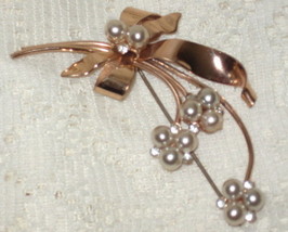 Vermeil Faux Pearl &amp; Rhinestone Pin-Copper Tone-Likely 50&#39;s-60&#39;s - $15.00