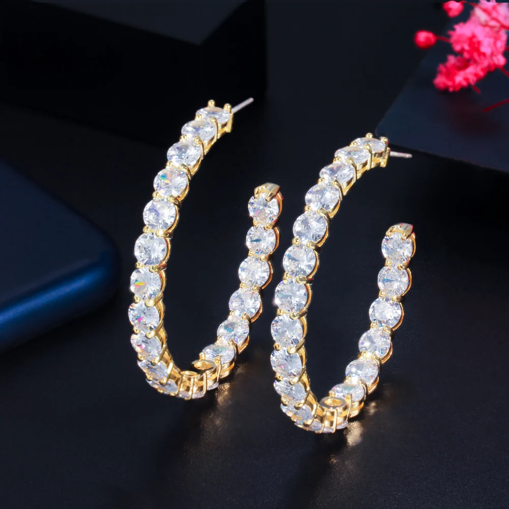 Bling Iced Out Round Cubic Zirconia Large Charm Hoop Earrings for Women Luxury C - £19.13 GBP