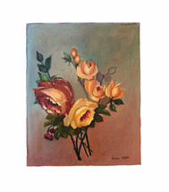 Original Yellow Rose Bouquet Painting Vintage Mid Century Signed Faithie Ogden F - £144.35 GBP