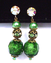 Vintage Green Pearl Foil Bead Rhinestone Rondelle Long Clip Earrings - £12.75 GBP