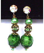 Vintage Green Pearl Foil Bead Rhinestone Rondelle Long Clip Earrings - £12.86 GBP