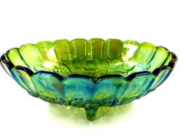 Indiana Carnival Glass Oval Harvest Fruit Iridescent Green Footed Bowl Large 12&quot; - £55.55 GBP