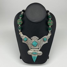 Turkmen Necklace Antique Afghan Tribal Green Turquoise Inlay V-Neck, Necklace T8 - £23.70 GBP