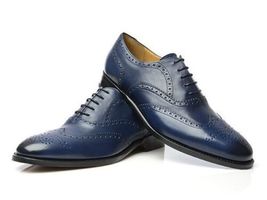 New Handmade Men Navy Blue Brogue Leather Oxford Wingtip Dress Shoes For Men - £103.11 GBP