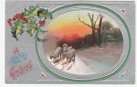 Vintage Postcard Christmas Sheep in Winter Holly Silver Background Embossed - £6.21 GBP