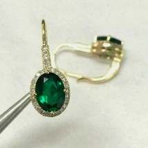 3Ct Oval Cut Green Emerald &amp; Diamond Drop/Dangle Earrings 14k YellowGold Over SS - £70.31 GBP