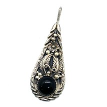 Vintage Signed Sterling Silver Native American Black Onyx Teardrop Shape Pendant - £43.89 GBP