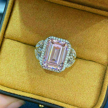 3.00Ct Emerald Cut Pink Sapphire Halo Engagement Ring 14K White Gold Finish - £89.91 GBP