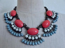 J. Crew Statement Fan Fringe Necklace Blue Coral Orange Beads Rhinestones - £17.57 GBP