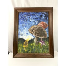 VTG Colorful Trippy Mushroom Acrylic Painting 1970&#39;s Landscape 21&quot;x 27.5&quot; - $89.99