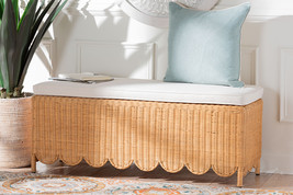 Flannery Bohemian Light Honey Scalloped Rattan Ottoman Bench - $3,960.57 MXN