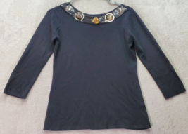 Joseph A Blouse Women Medium Black Sequin Studded Stretch Long Sleeve Round Neck - £15.55 GBP