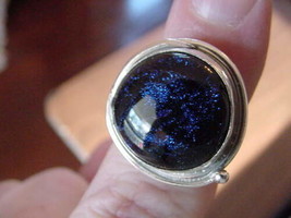 (#DR9-15) Size 9 Dichroic Glass Silver Ring Blue Black Swirls Wow - £24.51 GBP