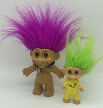 Lot Of Two Vintage Troll Dolls Russ 8 &amp; 7” With Hair Purple Green - £9.74 GBP