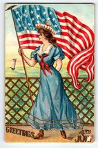 4th Of July Postcard Patriotic Women Sail Boat US Flag Independance Day 1908 - £12.61 GBP