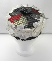 Vintage Pillbox Hat Red Black Ivory Feathers - White Flowers - Black Net... - $18.95