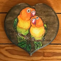 Estate Small Painted Orange Yellow &amp; Green Tropical Love Birds on Wood Heart Sha - £9.54 GBP