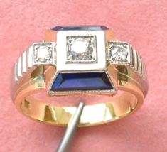 Vintage Retro .34ctw Diamond 1.75ctw Sapphire 18K Unisex Mens Ring 1940 size9 - £1,027.97 GBP