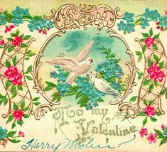 To My Valentine Sparrow w Doves Lilacs Pansies 1907 UDB Vtg Postcard Embossed - £8.12 GBP