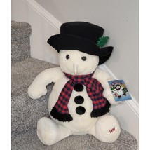 Snowden Christmas Plush Snowman 22&quot; Black Top Hat Red Plaid Scarf 1997 vintage - £17.27 GBP