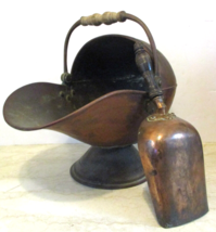 Large Antique Victorian Helmet Coal Scuttle and Scoop English Copper  - $494.01