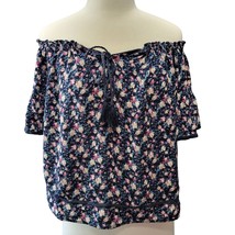 American Eagle Off-The-Shoulder Blouse Womens Medium Black Floral Flutter Sleeve - $6.30