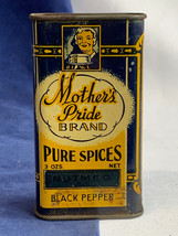 Vtg Mother&#39;s Pride Brand Pure Spices Nutmeg Black Pepper 3 Ozs Tin Can Container - £31.61 GBP