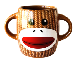 Sock Monkey Mug Two Handles for Hot Cocoa Soup Milk 4” Brown Stripes - £12.92 GBP