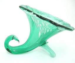 Blown Art Glass Green Cornucopia Horn Embossed  White Painted Accents 7&quot;... - £19.17 GBP