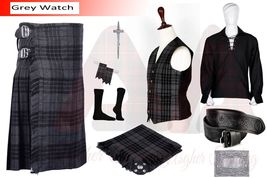 Traditional 8 yard Highlander Grey Tartan kilt - Men&#39;s Scottish kilt Set - £101.53 GBP