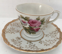 Vintage small cup and saucer set flower design gold color trim decorative - $369.01 MXN