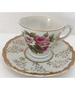 Vintage small cup and saucer set flower design gold color trim decorative - $19.75