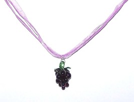 Necklace Purple Glass Grape Bead Green Leaves Glass Bead Pink  Ribbon Cord - $15.00
