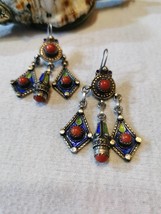 Tribal Ethnic sterling silver enamelled earrings with Coral made from go... - $155.00