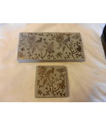 Pair of Hand Made Gray Pottery Candle Holder Trays With Gold Painted Birds - £63.20 GBP