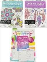 Advanced Coloring Book Set Adult Color My World &amp; 1 -Crayons Hand Letter... - $29.56