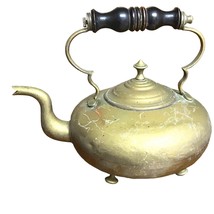 Vintage Brass Tea Kettle Pot With Lid Wood Handle Stands On 4 Legs - $48.51