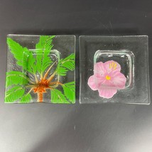 Fused Glass Square Plates Palm Tree &amp; Pink Hibiscus Flower Pizzo Glass Art Maui - £19.10 GBP