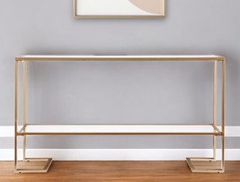 52" Clear and Gold Glass Mirrored Sled Console Table With Shelves - $5,278.06 MXN
