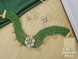 Gold Plated Choker Green Necklace Earrings Jewelry Chic Set Kundan Bridal New - £14.47 GBP